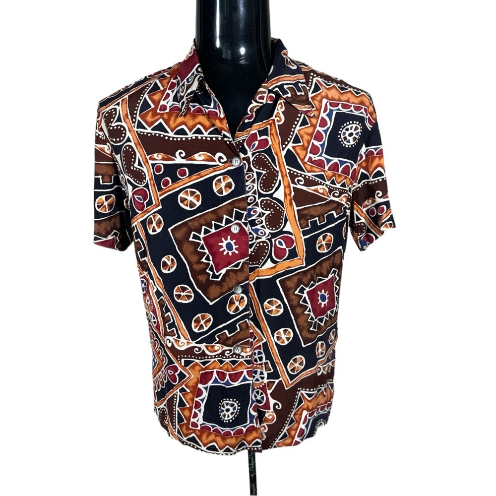D.I.O. AUSTRALIA Tribal Aboriginal Print S/S Shirt Blouse Sz 12 Hawaiian Camp